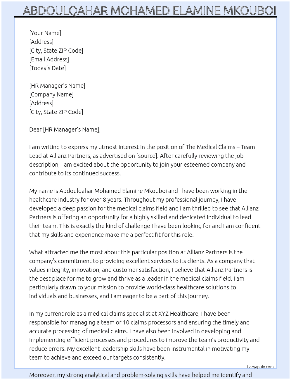 The Medical Claims – Team Lead  At Allianz Partners Cover Letter