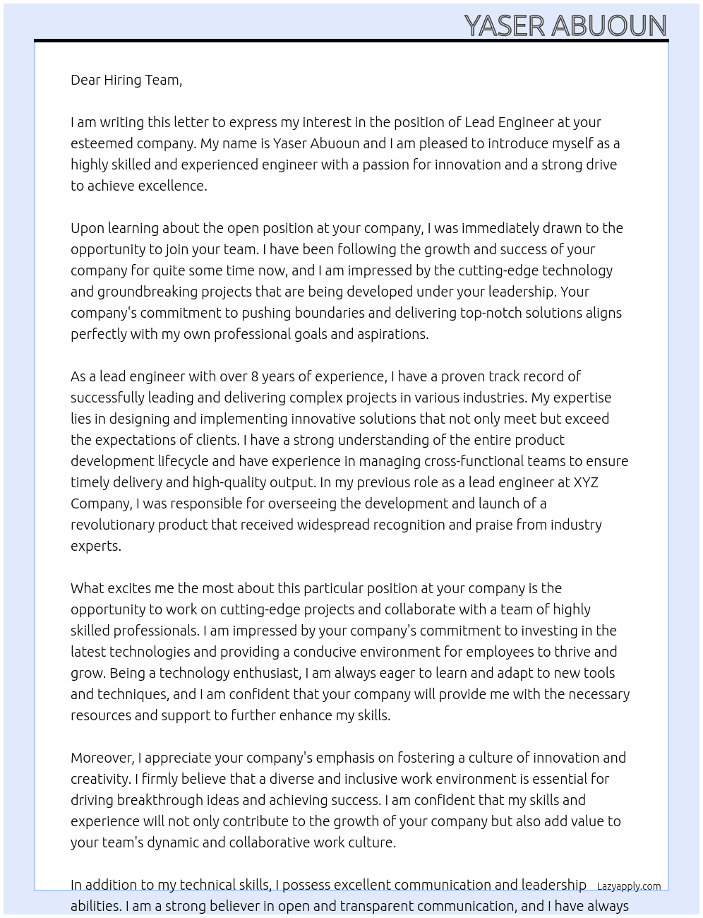 Lead engineer At hiring team Cover Letter