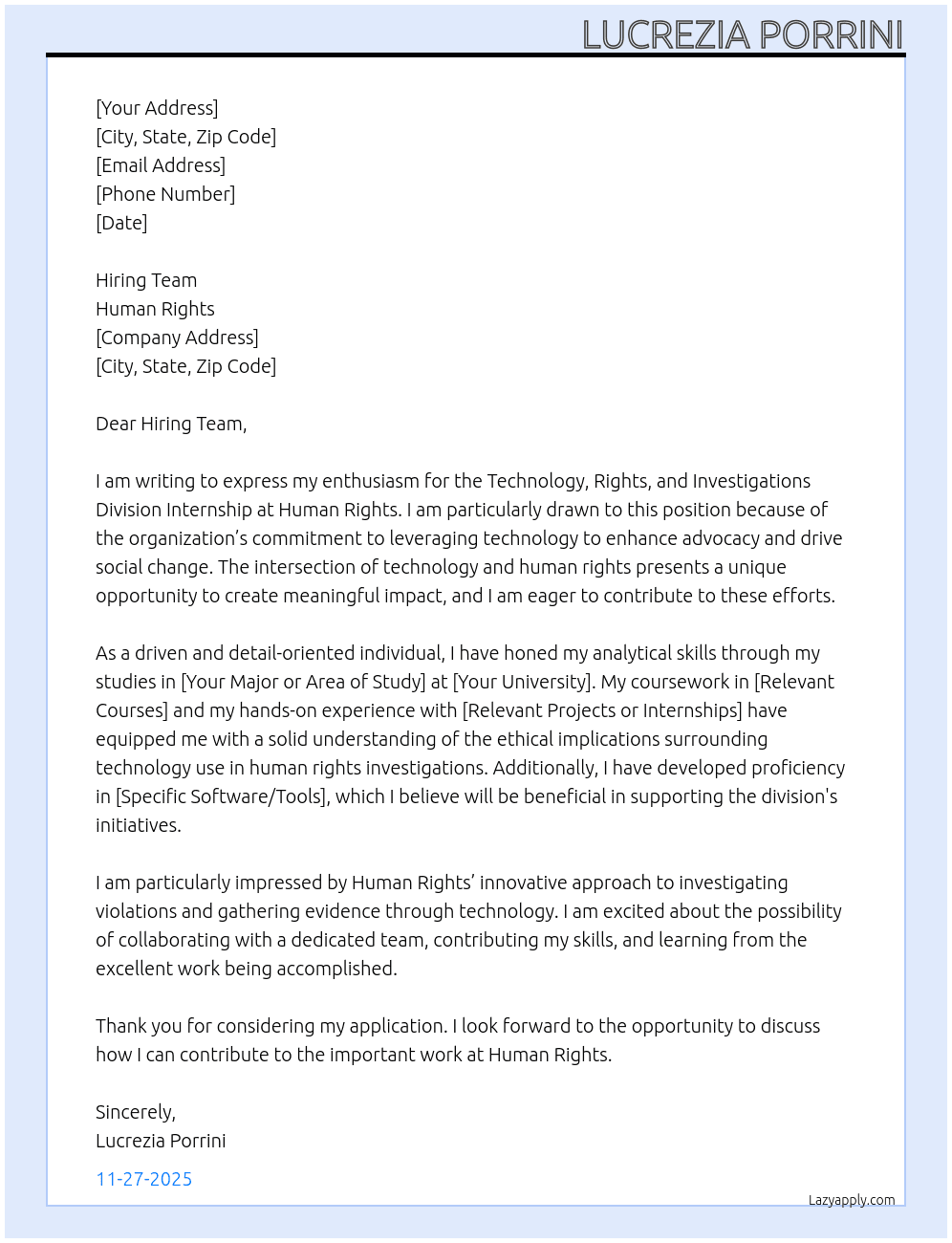 Technology, Rights, and Investigations Division Internship At human right Cover Letter