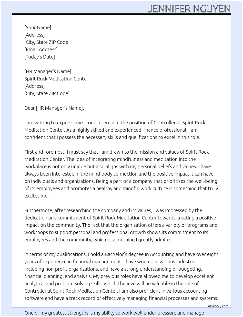 CONTROLLER At Spirit Rock Meditation Center Cover Letter