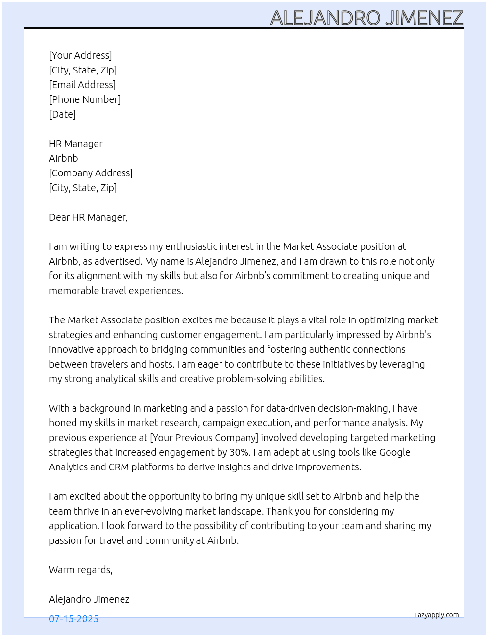 Market associate At Airbnb Cover Letter