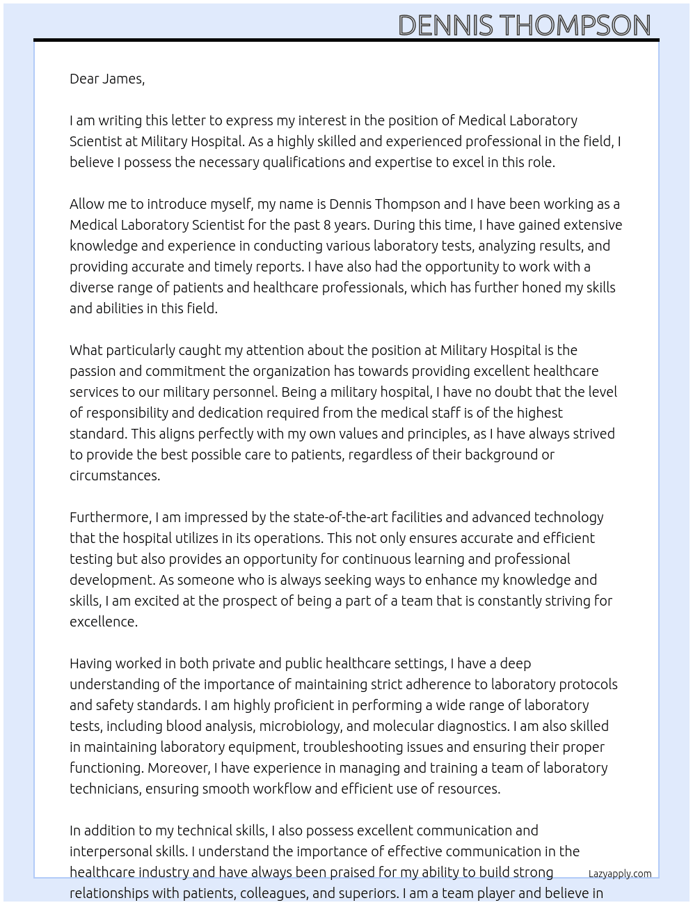 Medical laboratory scientist At Military hospital  Cover Letter