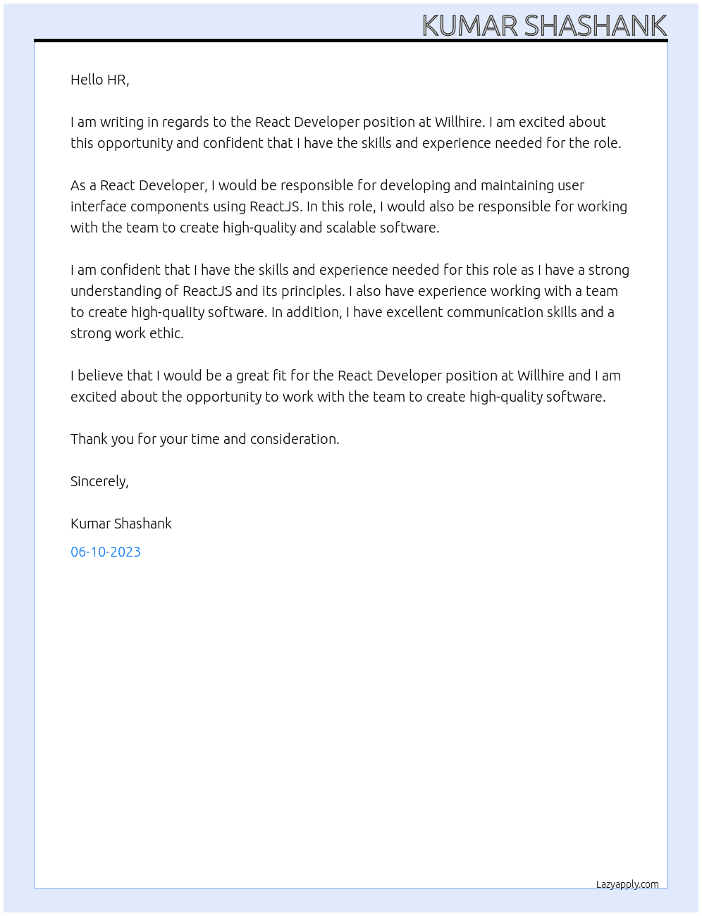 React Developer At Willhire Cover Letter