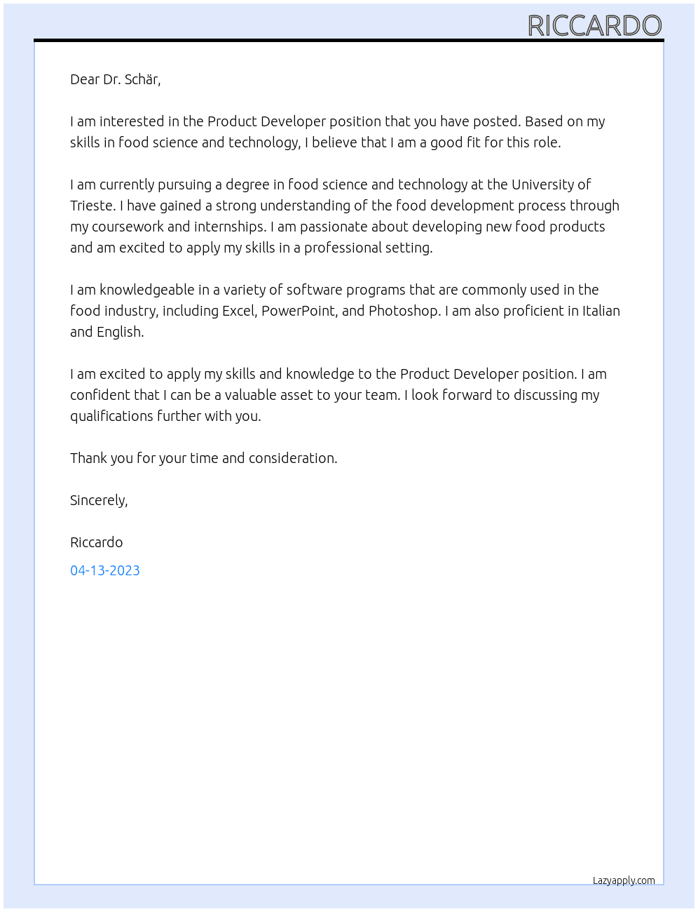 Product Developer At Dr. Schär Cover Letter