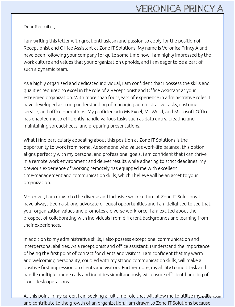 RECEPTIONIST AND OFFICE ASSISTANT  At ZONE IT SOLUTIONS  Cover Letter