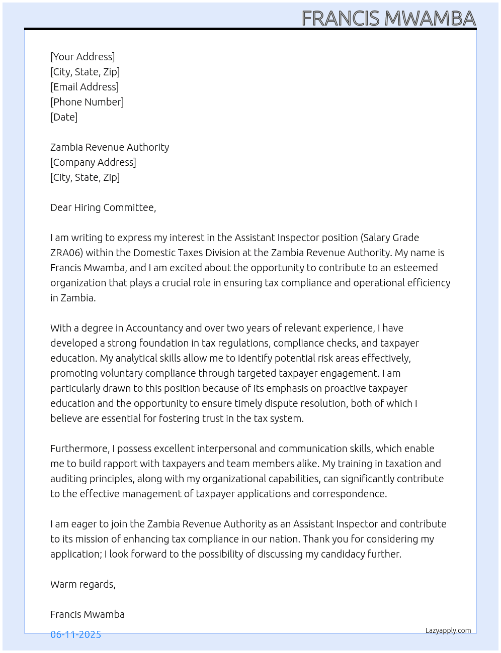 ASSISTANT INSPECTOR At ZAMBIA REVENUE AUTHORITY Cover Letter