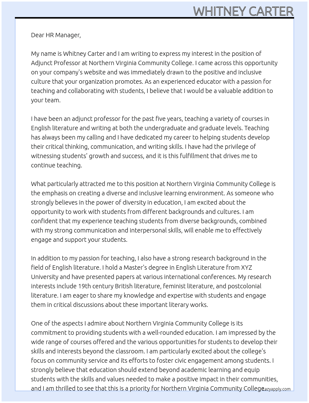 Adjunct Professor At Northern Virginia Community College Cover Letter