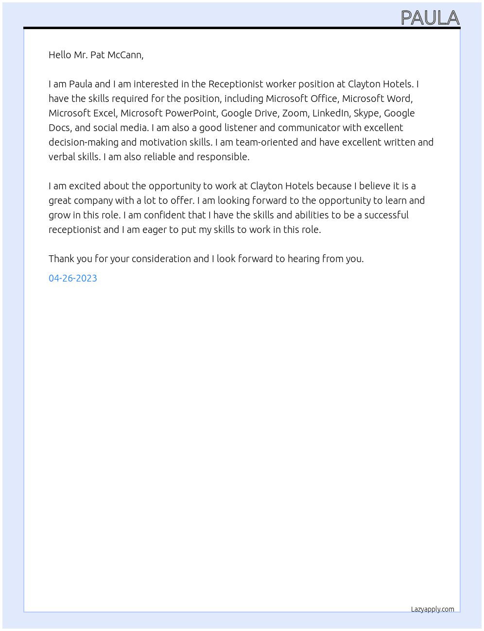 Receptionist worker At Clayton Hotels Cover Letter