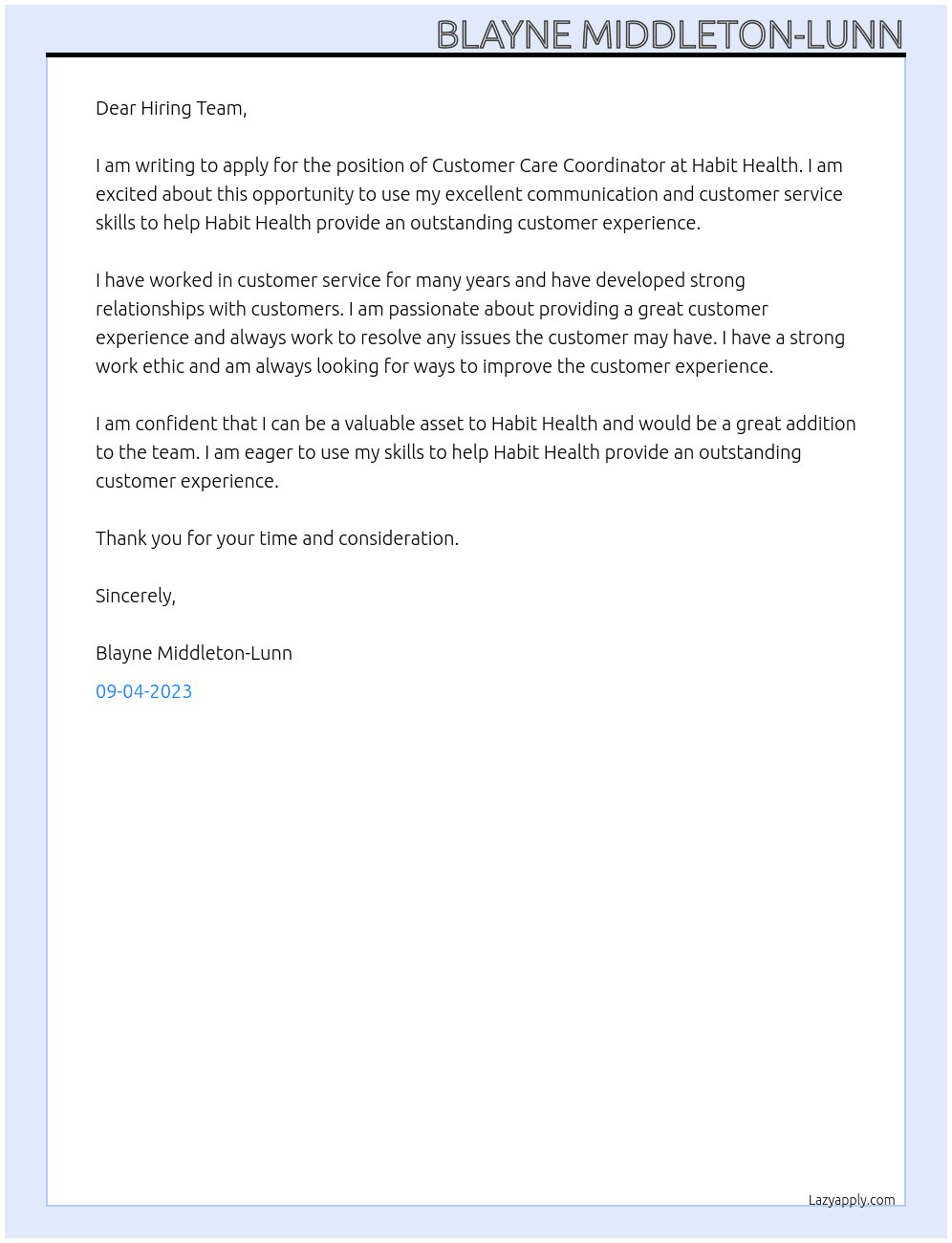 Customer Care Coordinator  At Habit Health  Cover Letter