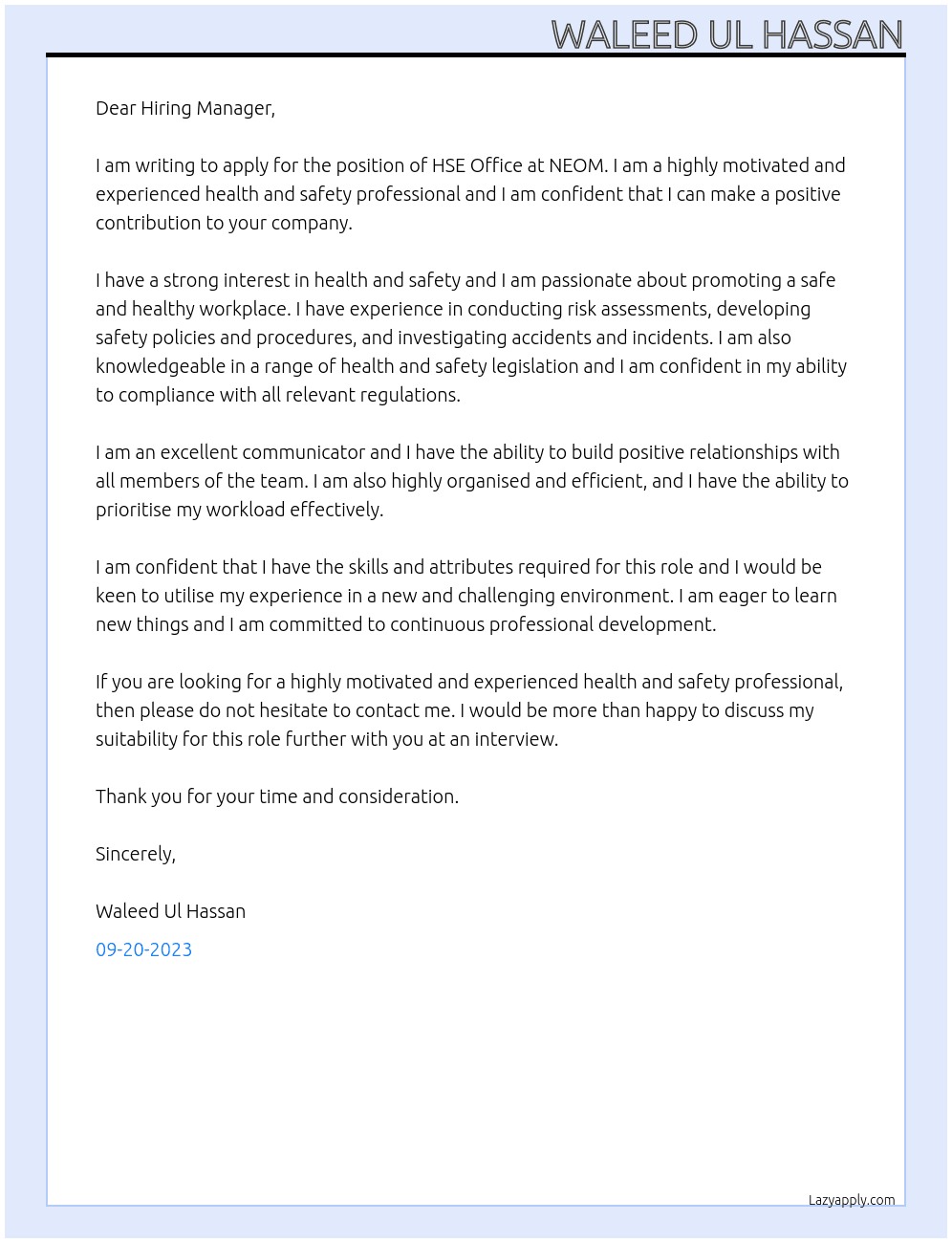 Hse Office At NEOM Cover Letter