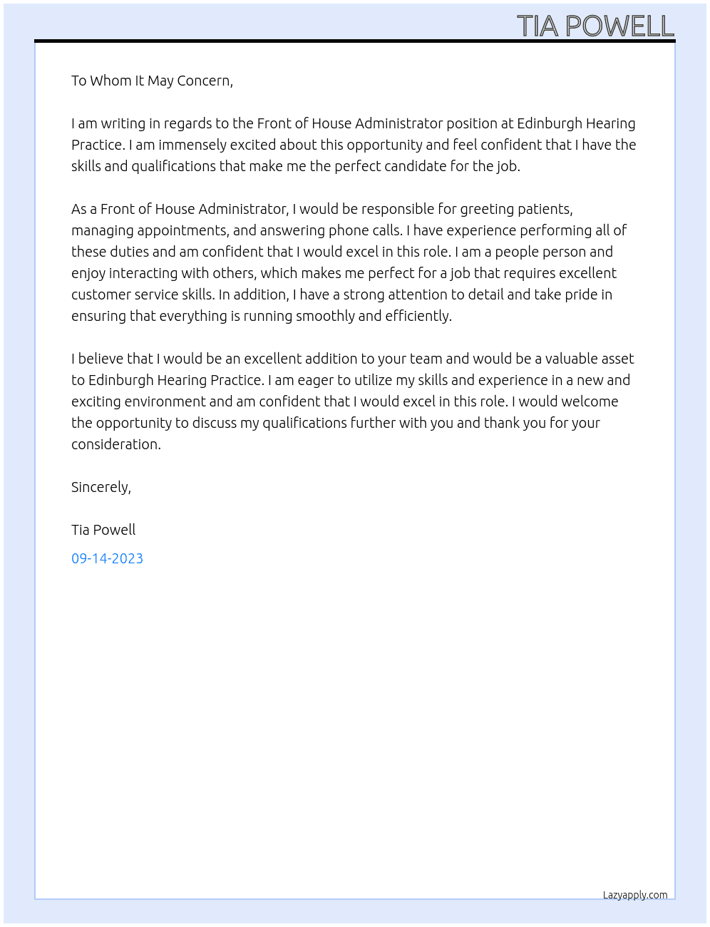 Front of House Administrator  At Edinburgh Hearing Practice  Cover Letter