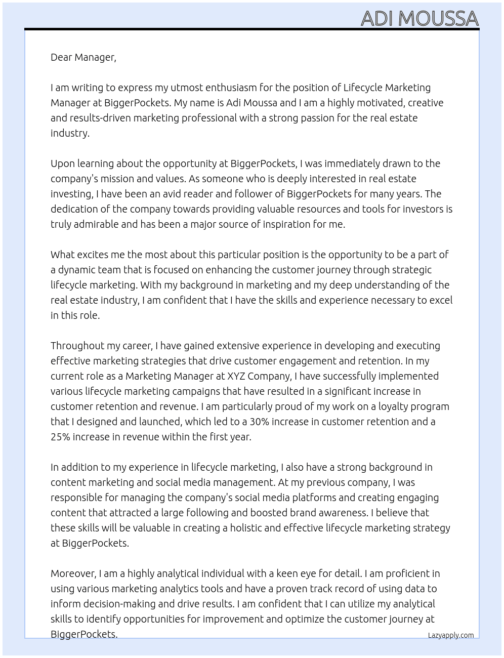 Lifecycle Marketing Manager At BiggerPockets Cover Letter