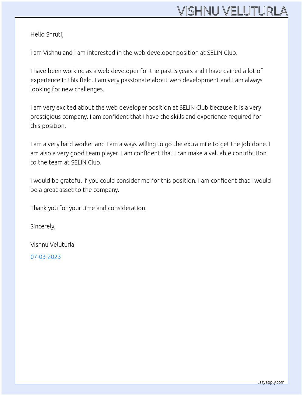 web developer At SELIN Club Cover Letter