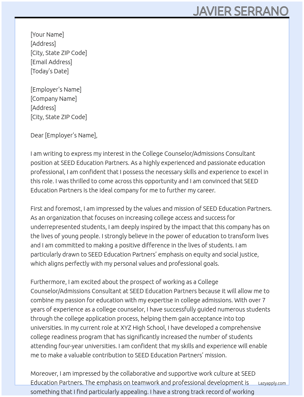 College Counselor/Admissions Consultant At SEED Education Partners Cover Letter