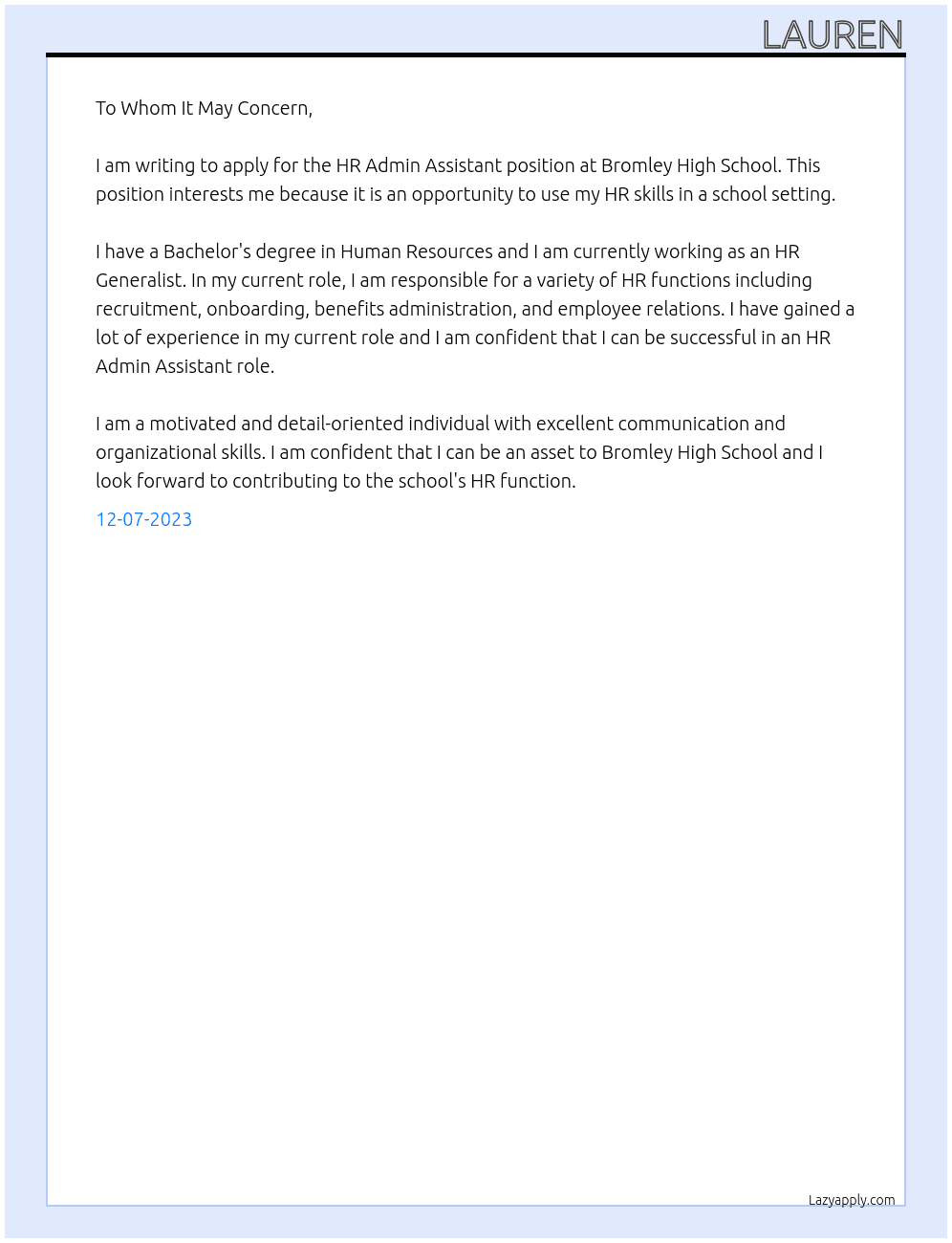 HR Admin Assistant At Bromley High School Cover Letter