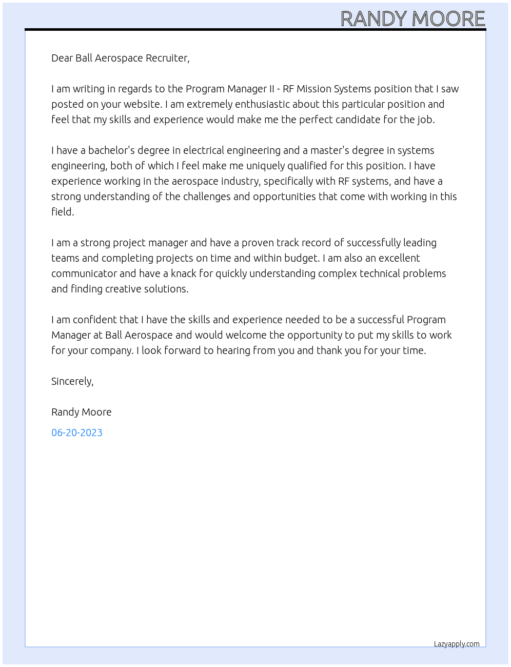 Program Manager II - RF Mission Systems At Ball Aerospace Cover Letter