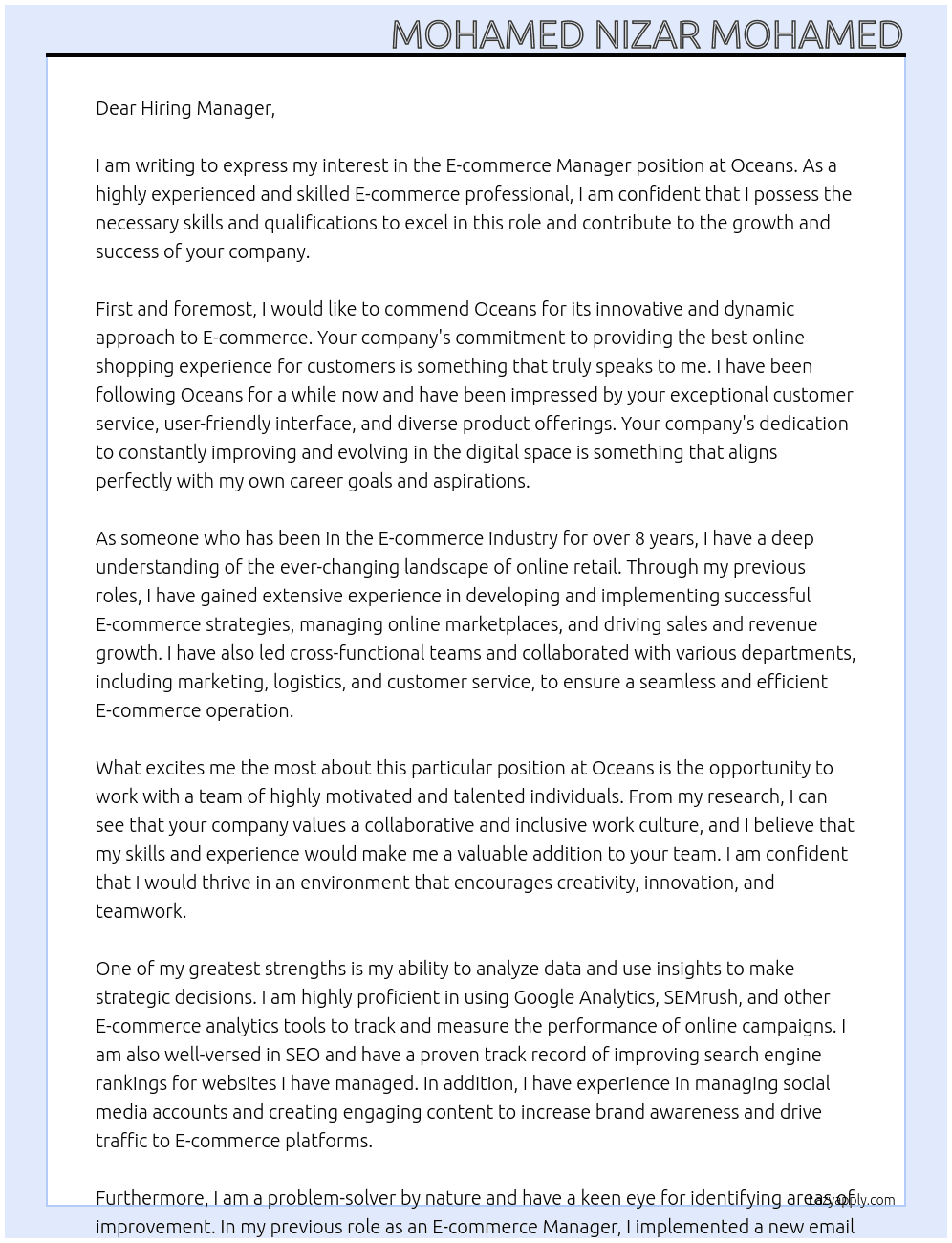 E commerce Manager At Oceans Cover Letter