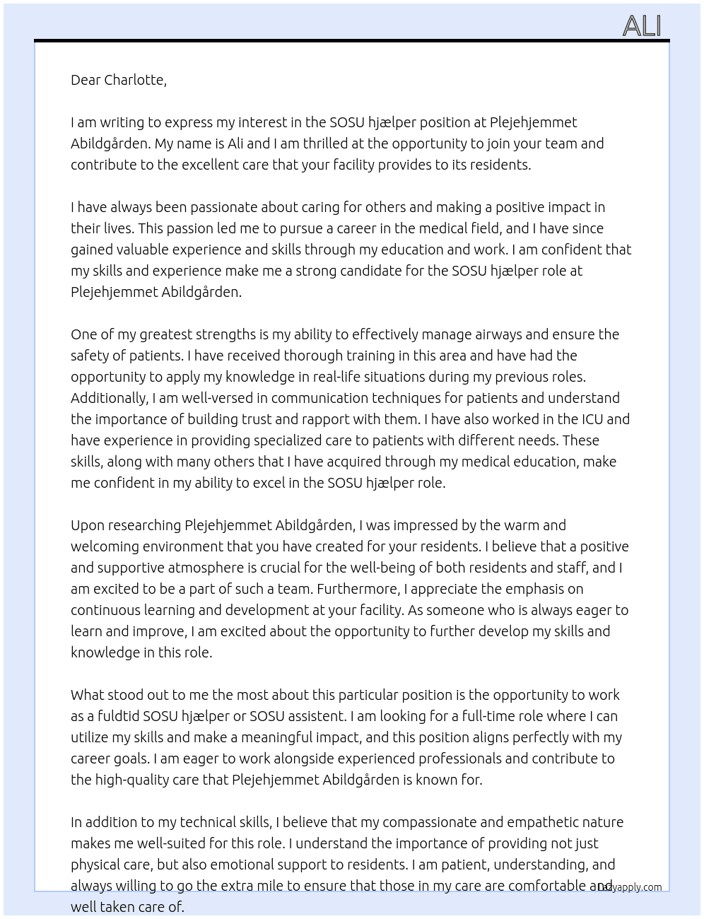 sosu hjælper At Plejehjemmet Abildgården Cover Letter