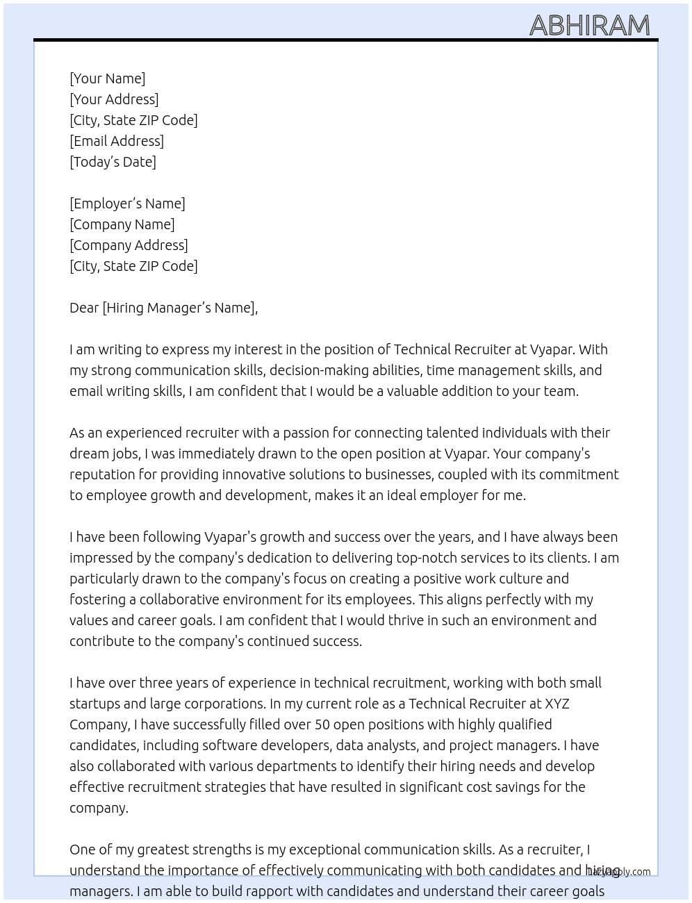 Technical Recruiter At Vyapar Cover Letter