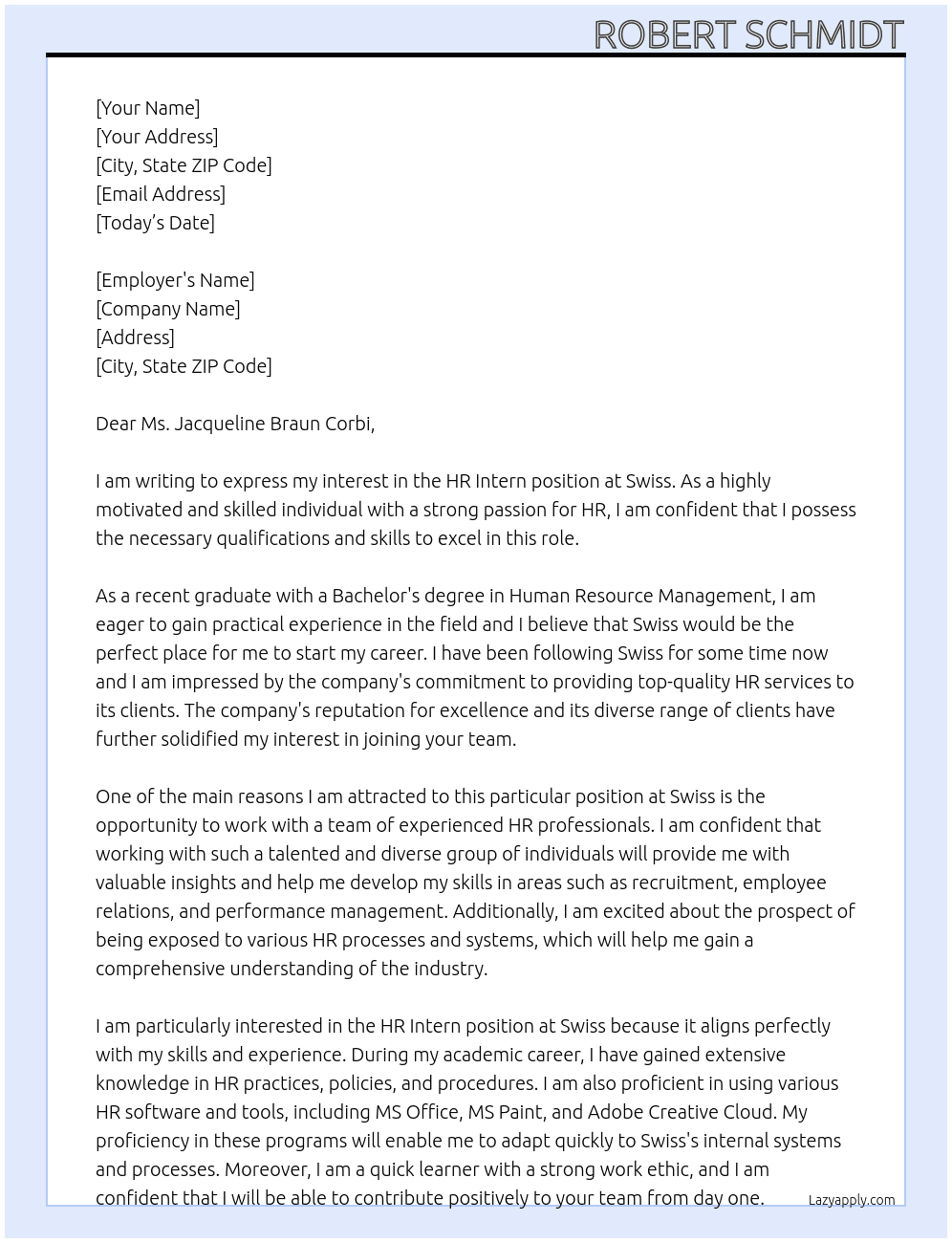 HR Intern At Swiss Cover Letter