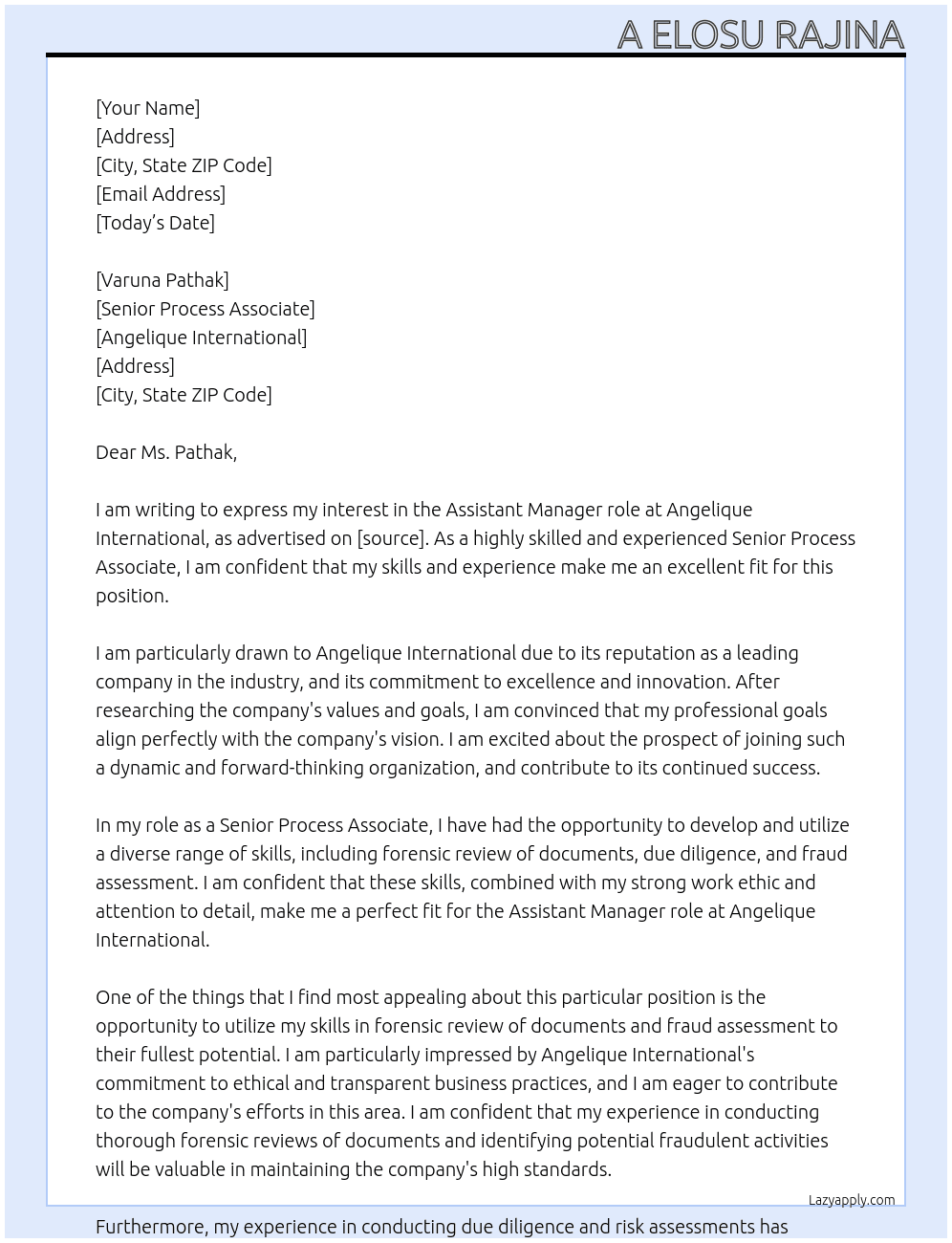 senior process associate At Angelique International Cover Letter