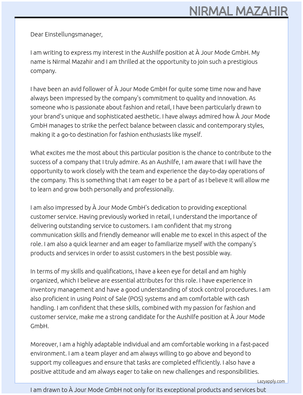 Aushilfe At À Jour Mode GmbH  Cover Letter