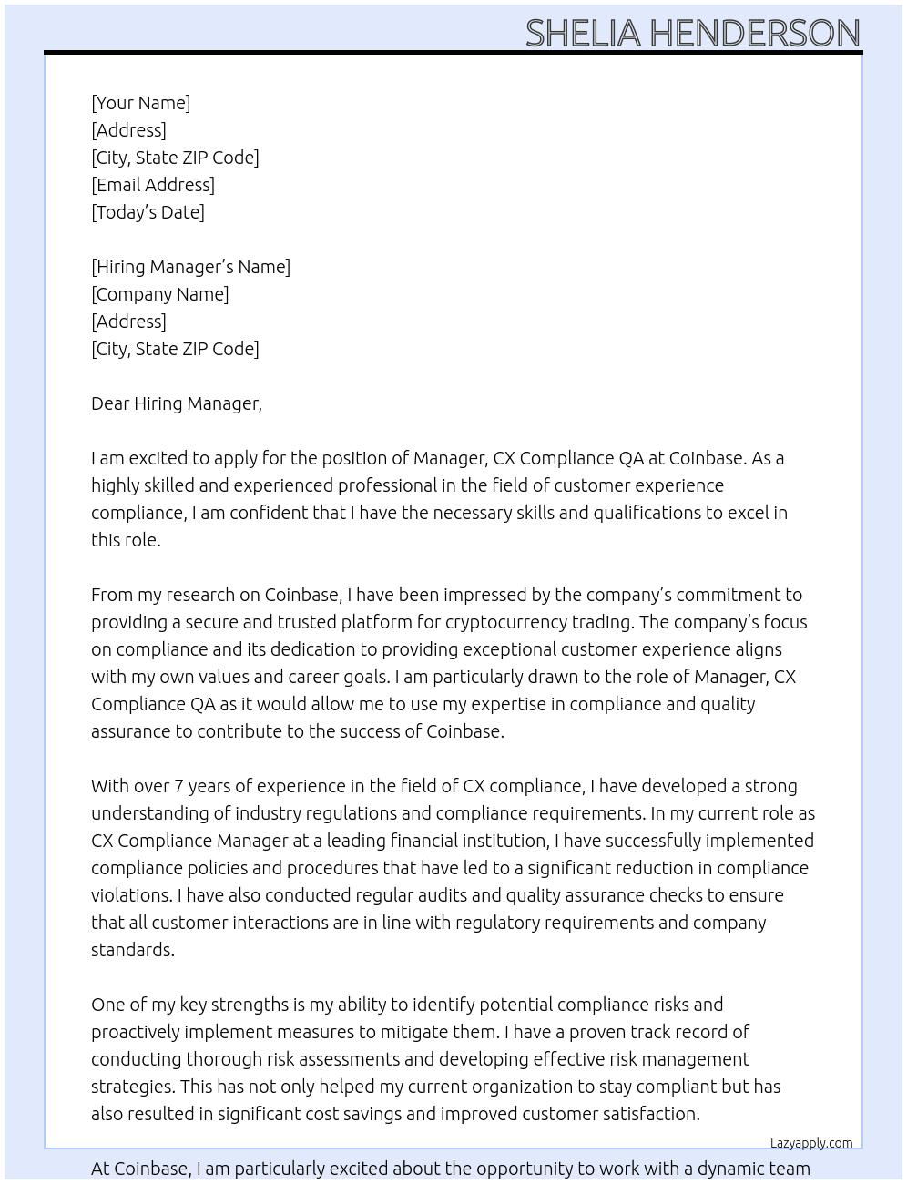 Manager, CX Compliance QA At Coinbase Cover Letter