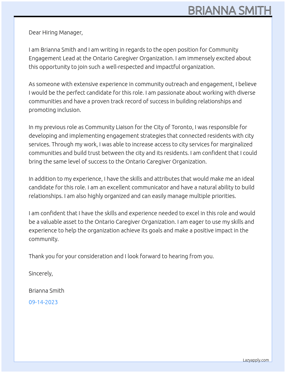 Community Engagement Lead At Ontario Caregiver Organization Cover Letter