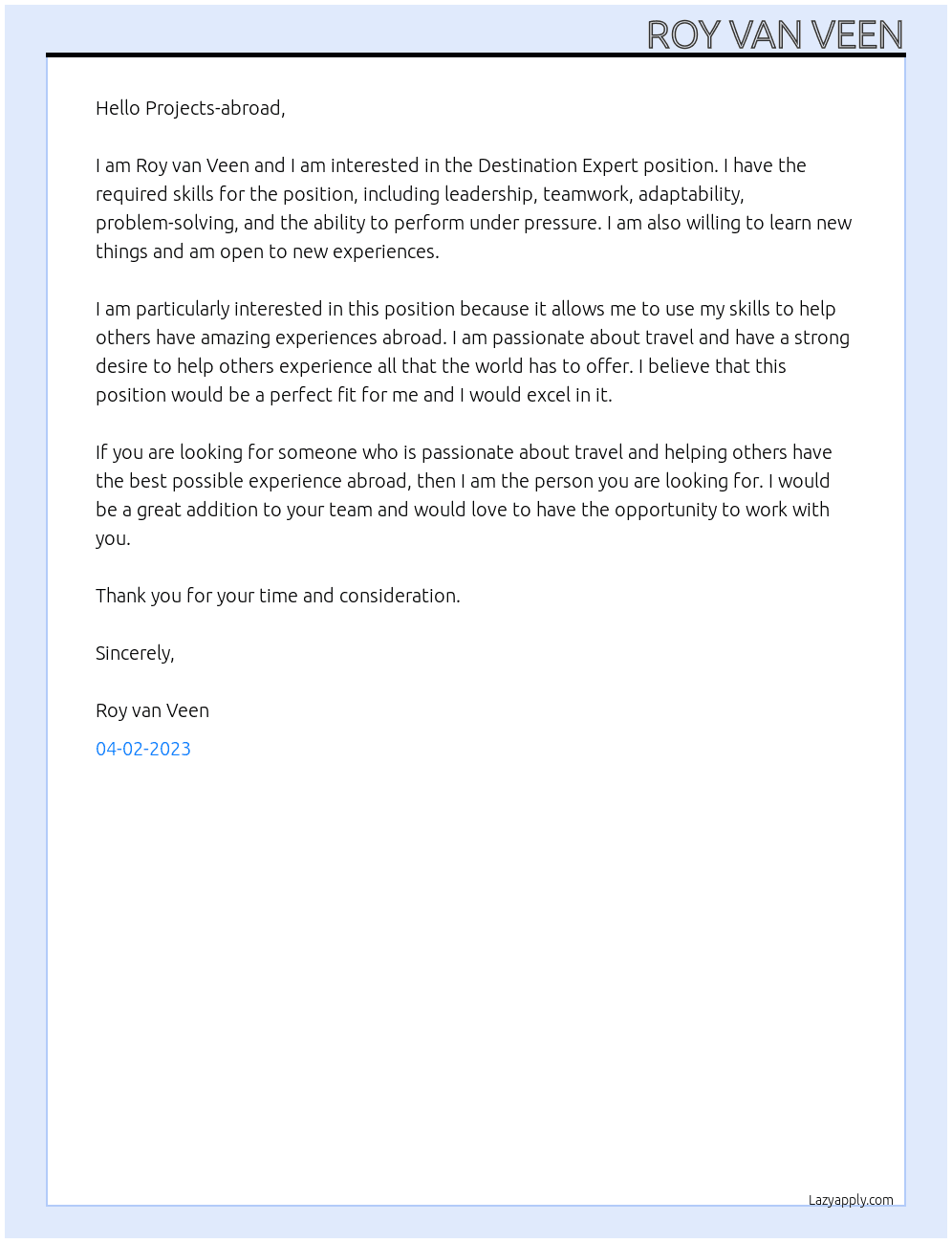Destination expert At Projects-abroad Cover Letter