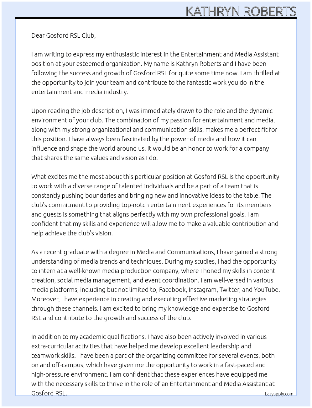 entertainment and media assistant At Gosford RSL Cover Letter