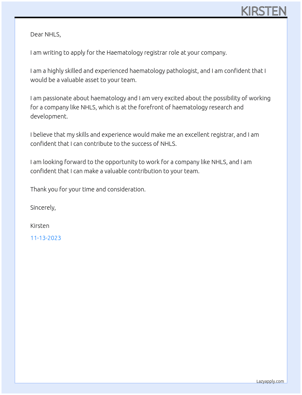 haematology pathology At NHLS Cover Letter