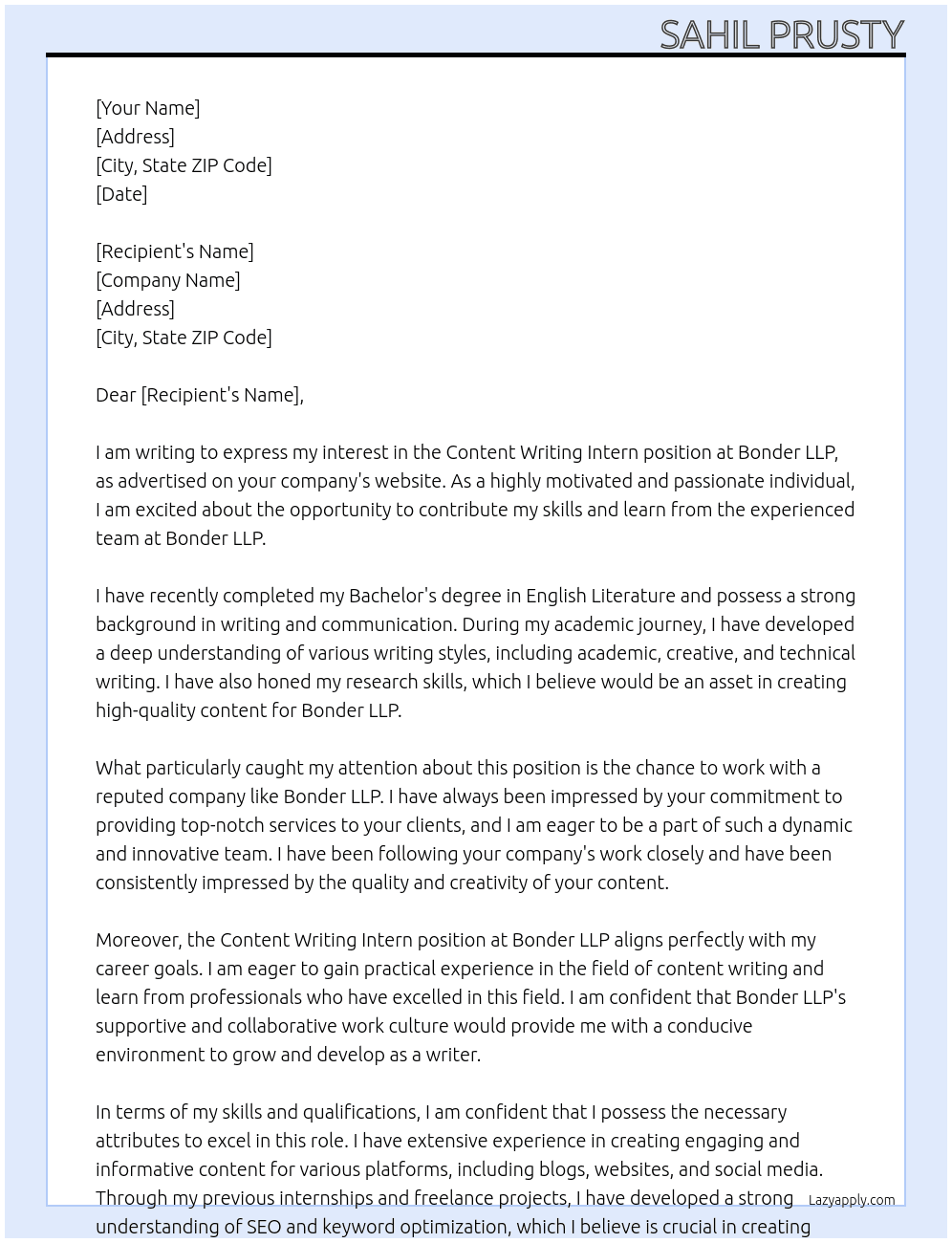Content Writing Intern At Bonder LLP Cover Letter