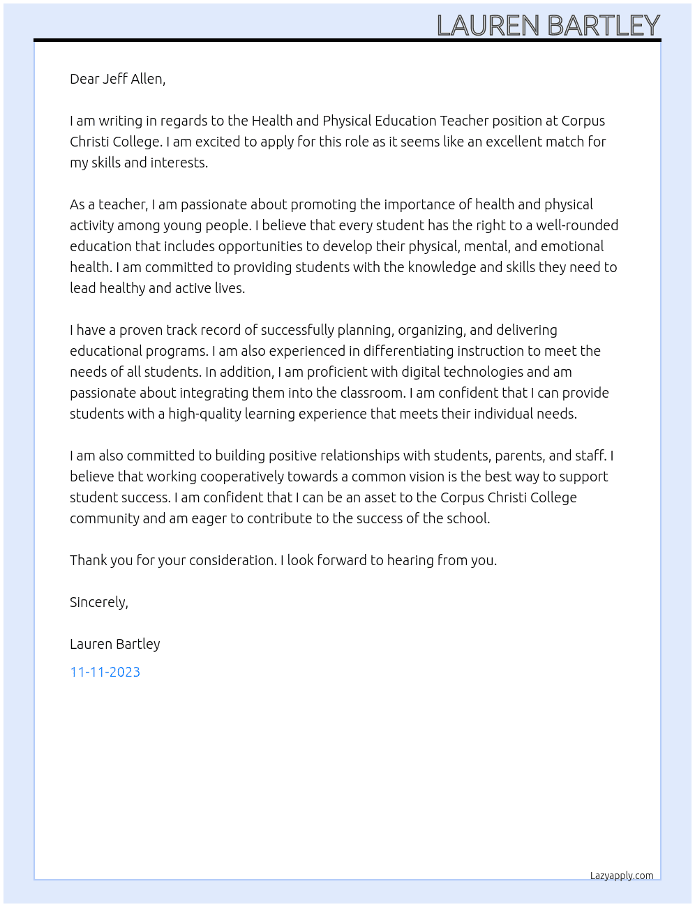 Health and Physical Education Teacher At Corpus Christi College Cover Letter