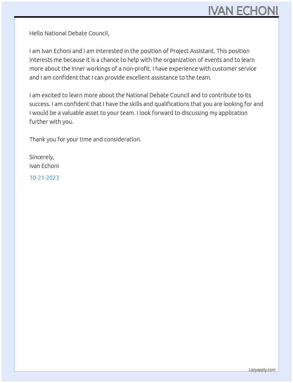 Project Assistant  At National Debate council  Cover Letter