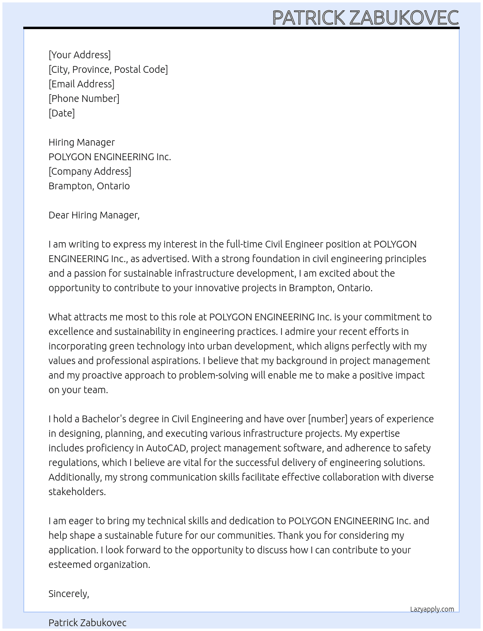 Civil engineer At POLYGON ENGINEERING Inc. Cover Letter