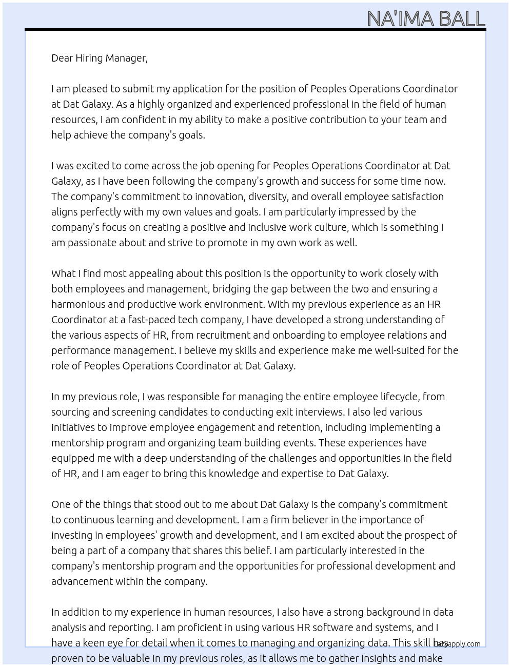 Peoples Operations Coordinator At Dat Galaxy Cover Letter