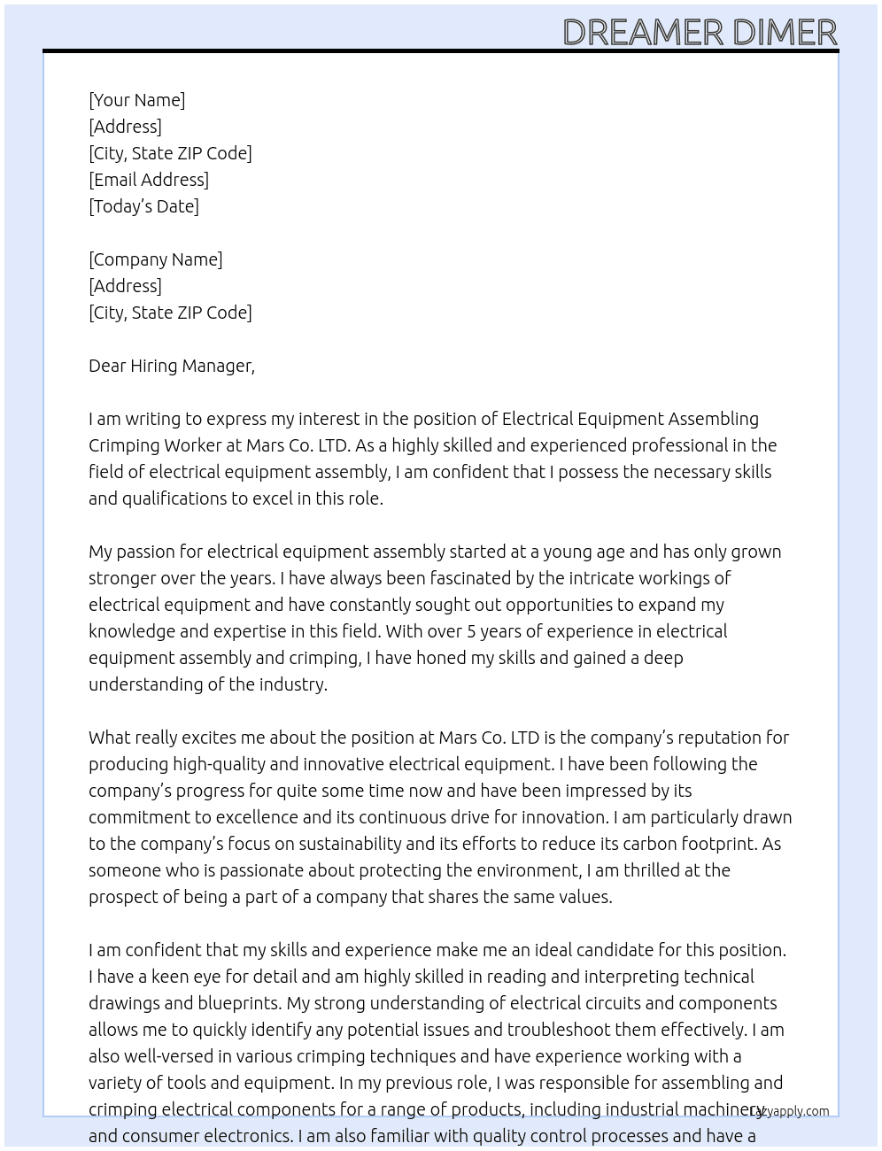 Electrical Equipment Assembling Crimping Worker At Mars Co. LTD Cover Letter