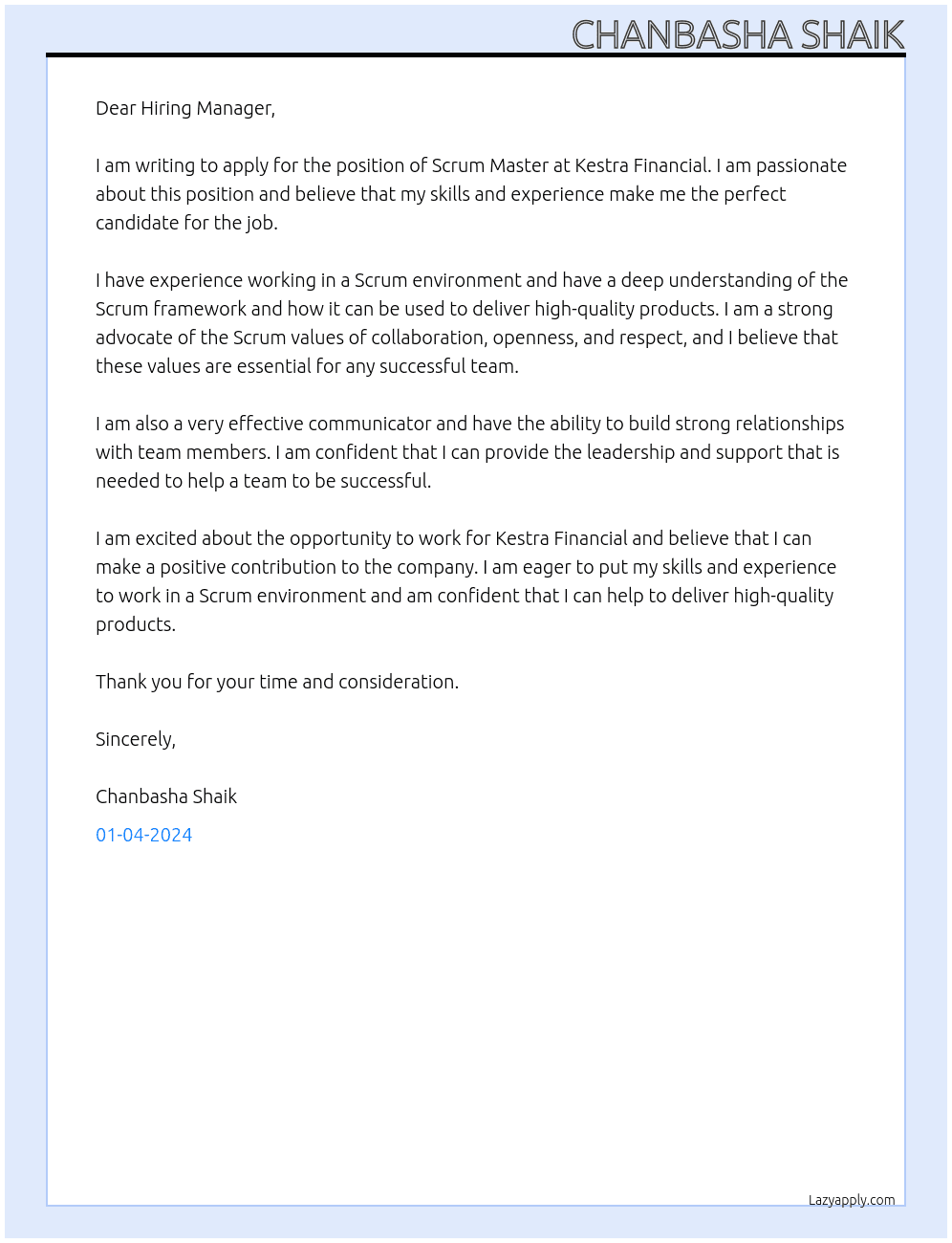 Scrum Master At Kestra Financial Cover Letter