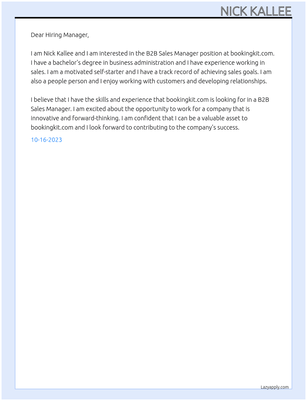 B2B Sales Manager At bookingkit.com Cover Letter