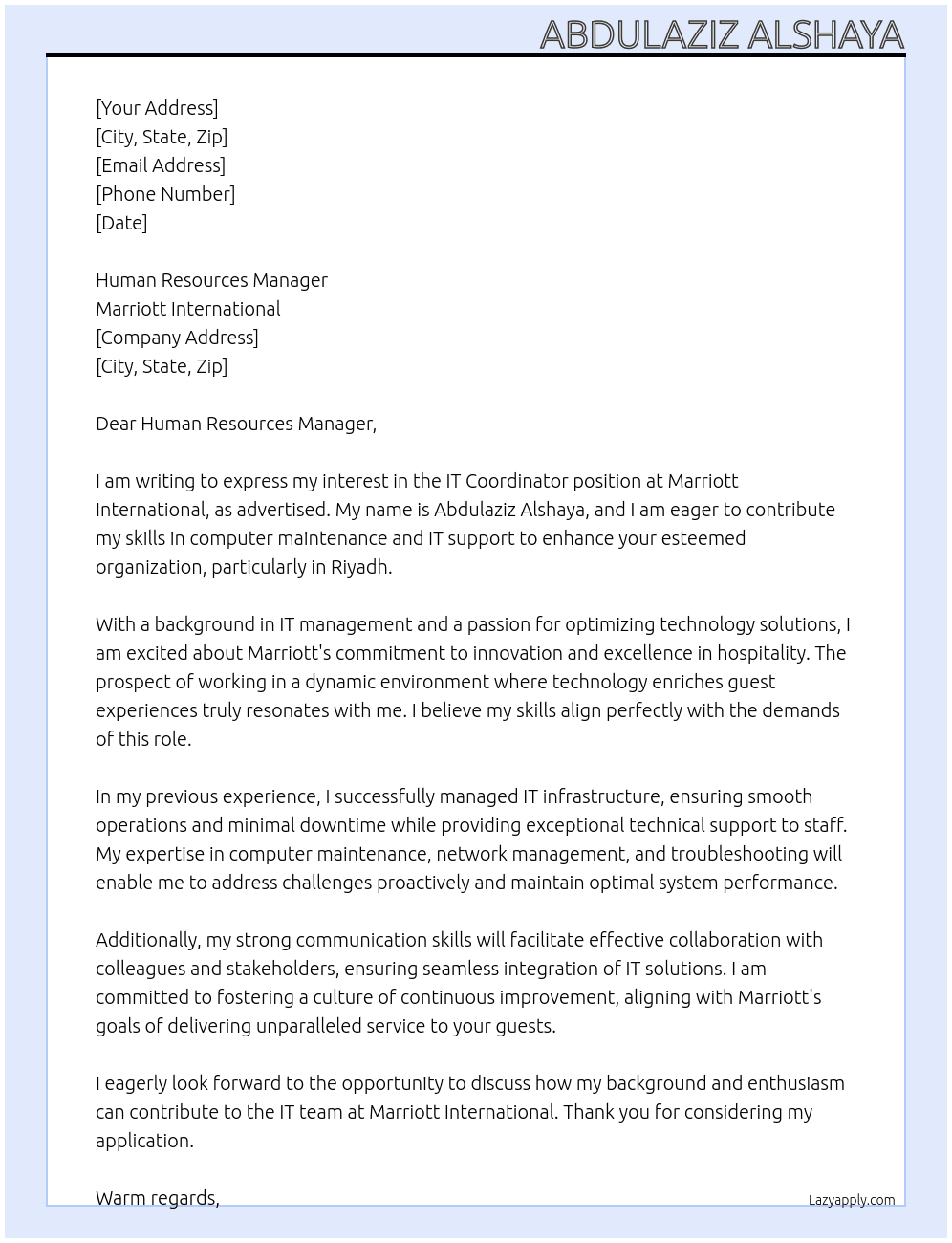 IT Coordinator At Marriott International Cover Letter