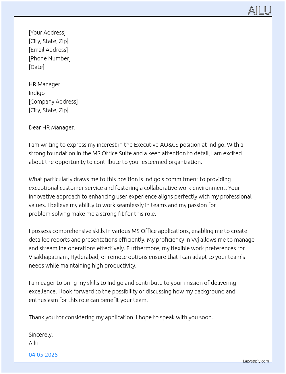Cover letter for executive-ao&cs - LazyApply