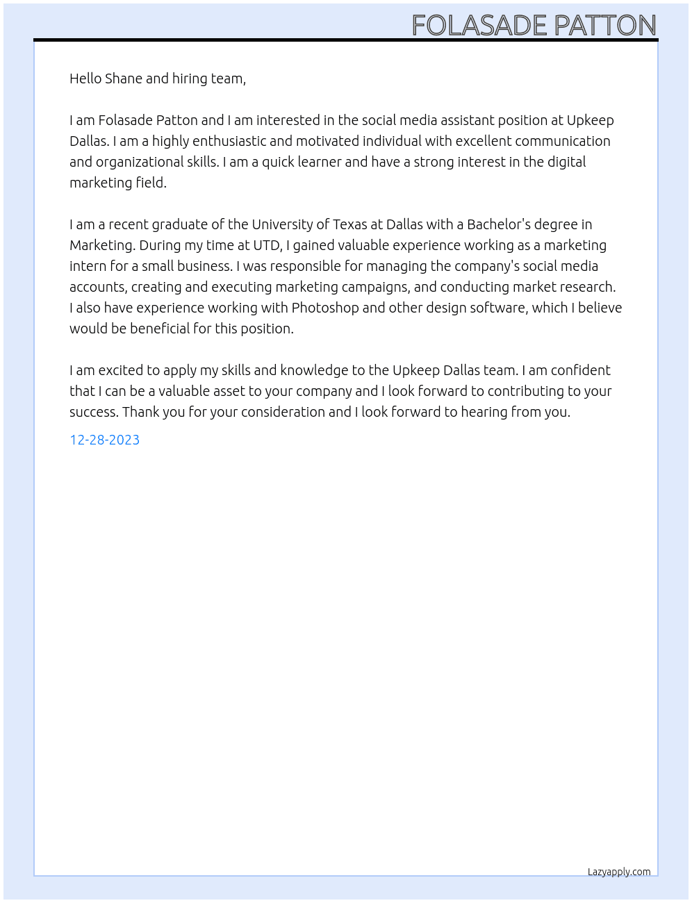 Social media assist  At Upkeep Dallas Cover Letter