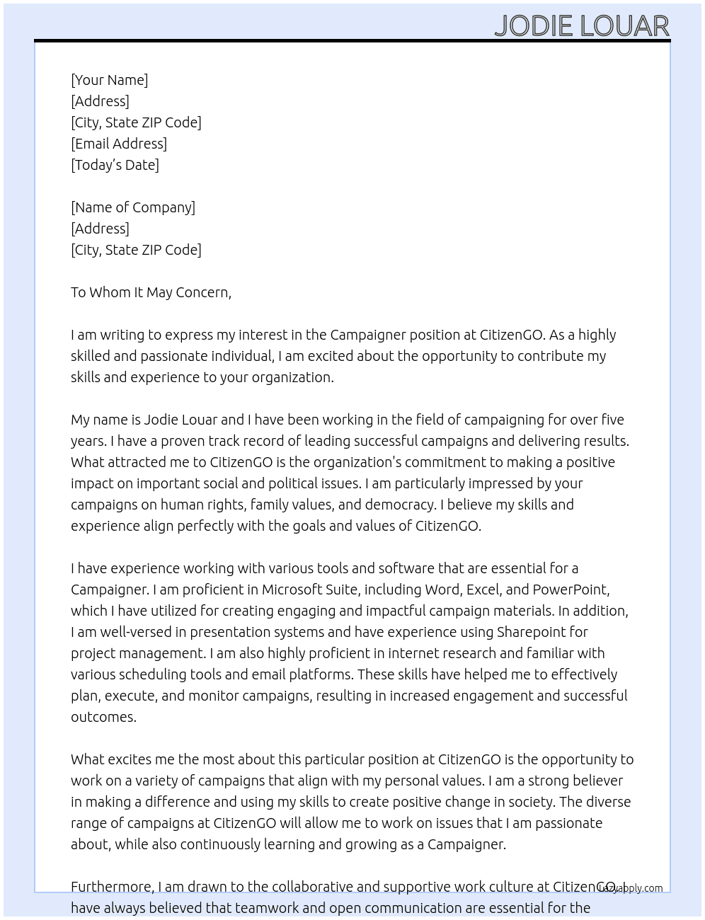 Campaigner At CitizenGO Cover Letter