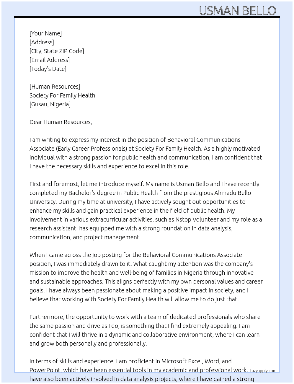 Behavioral Communications Associate ( Early Career professionals  At Society For Family Health  Cover Letter