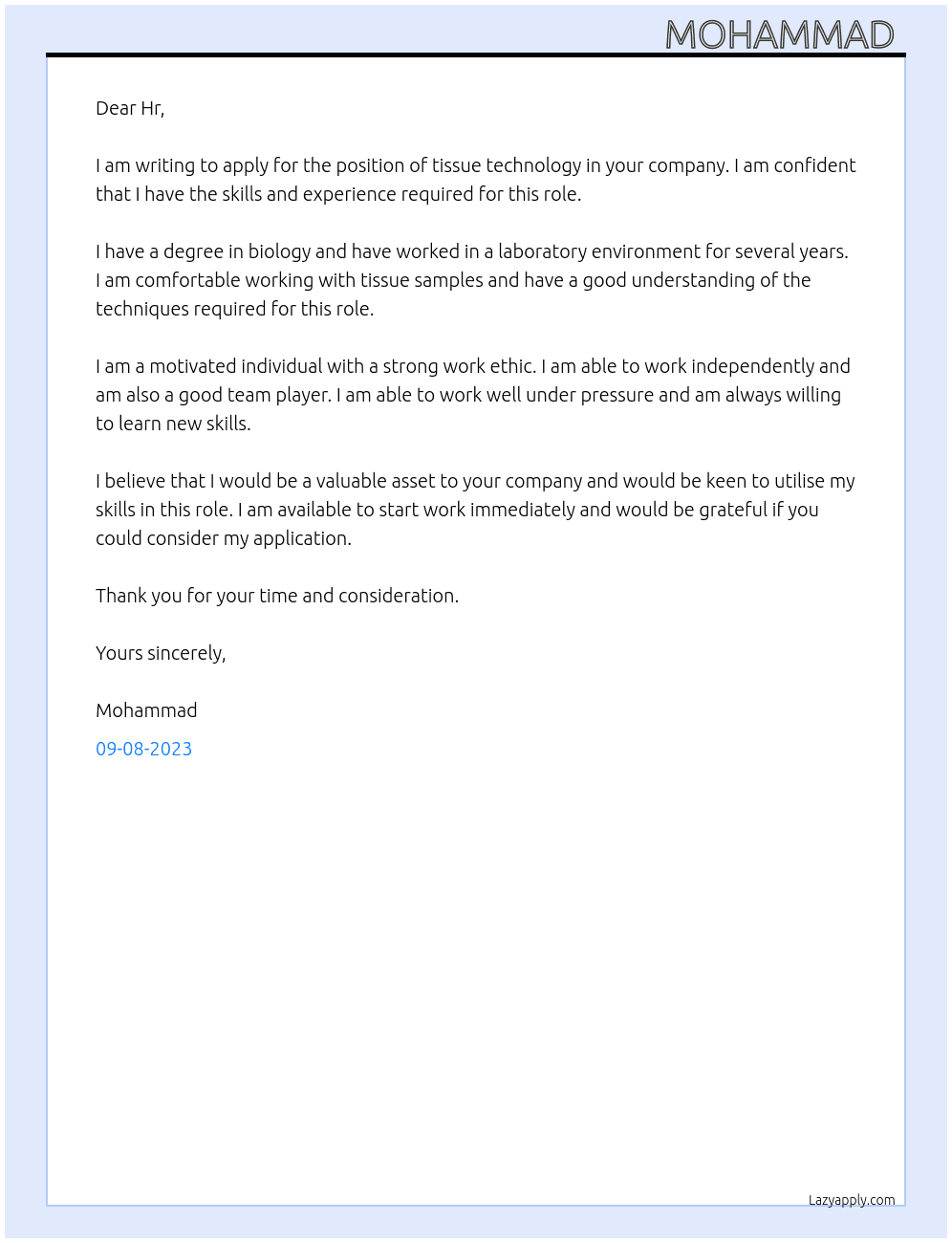 Tissue technology  At Kp Cover Letter