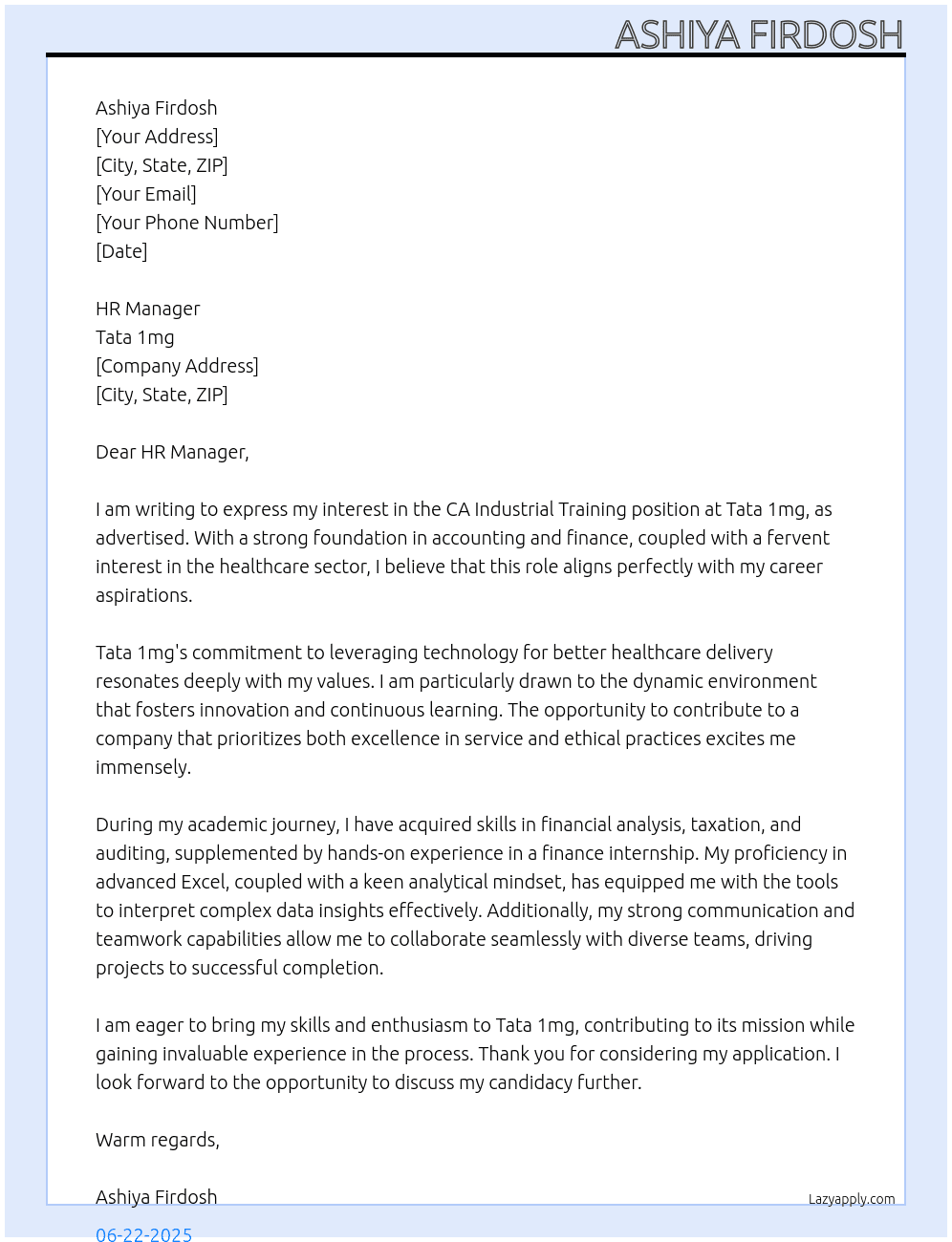 CA industrial training At Tata 1mg Cover Letter