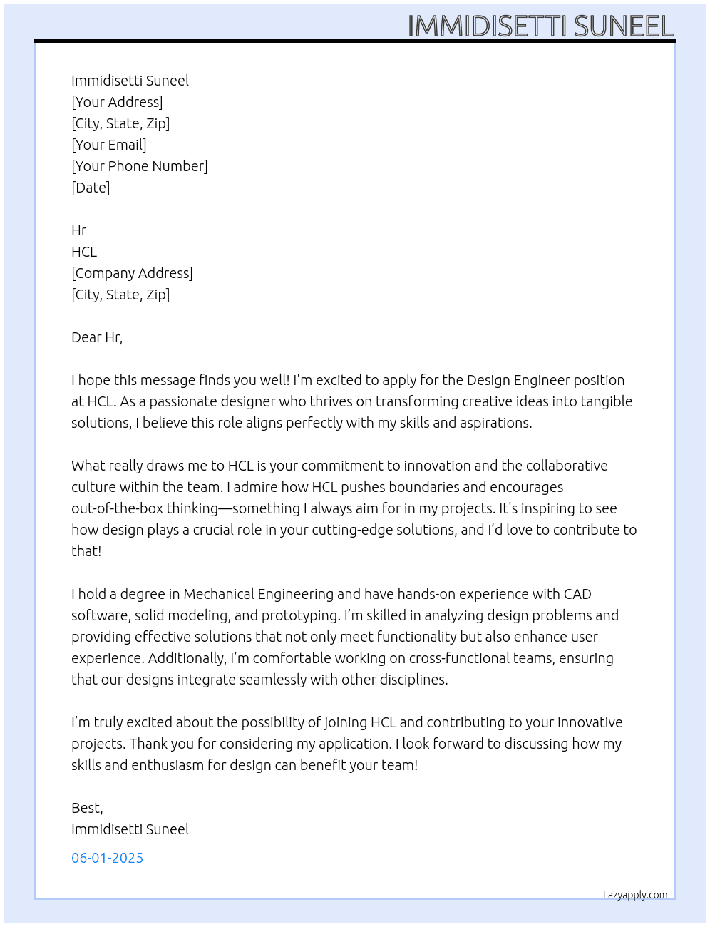 Design Engineer  At HCL  Cover Letter