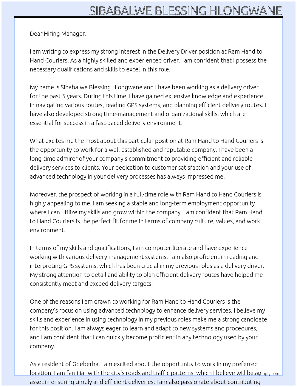 Delivery Driver  At Ram Hand to Hand Couriers  Cover Letter