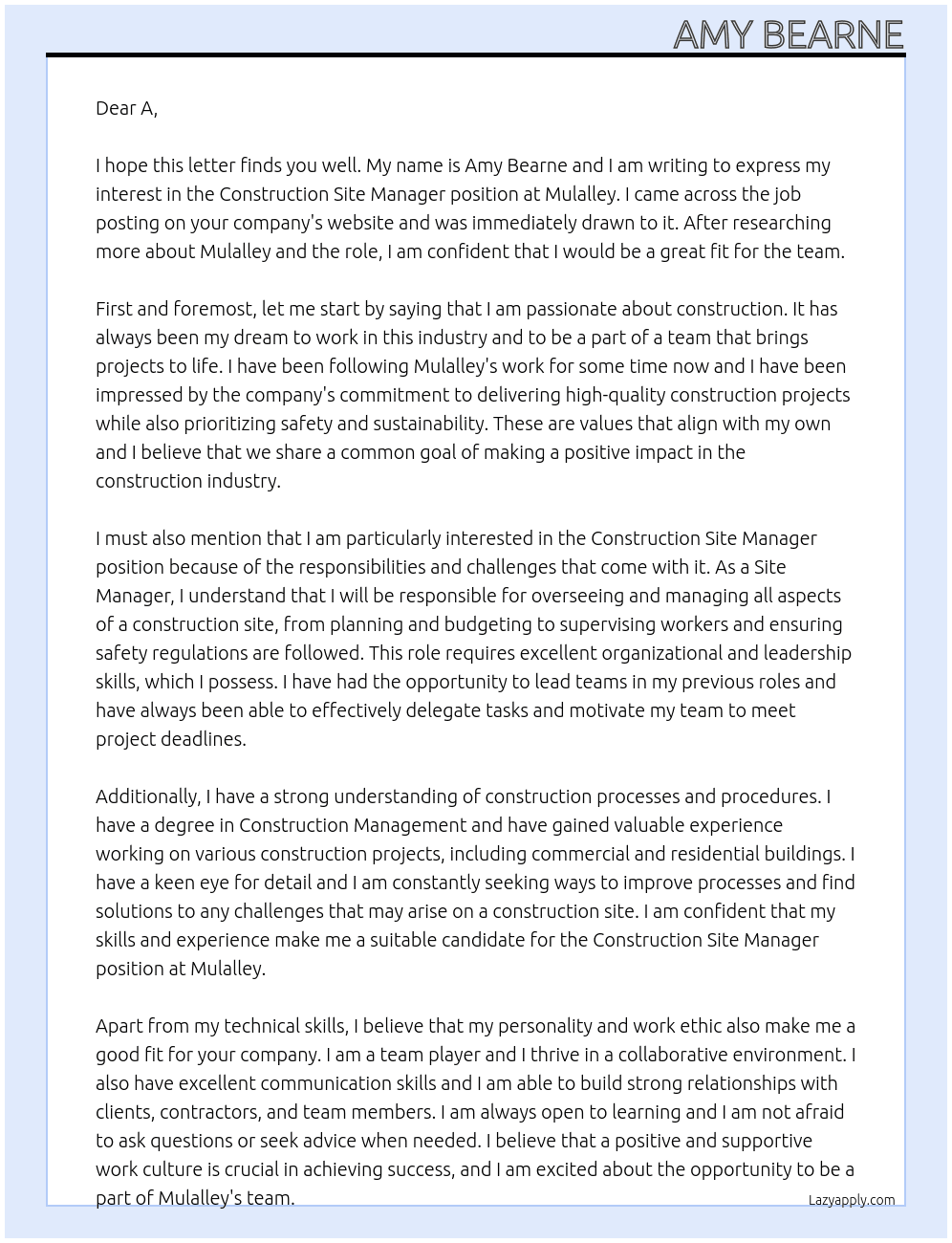 Construction site manager At Mulalley Cover Letter