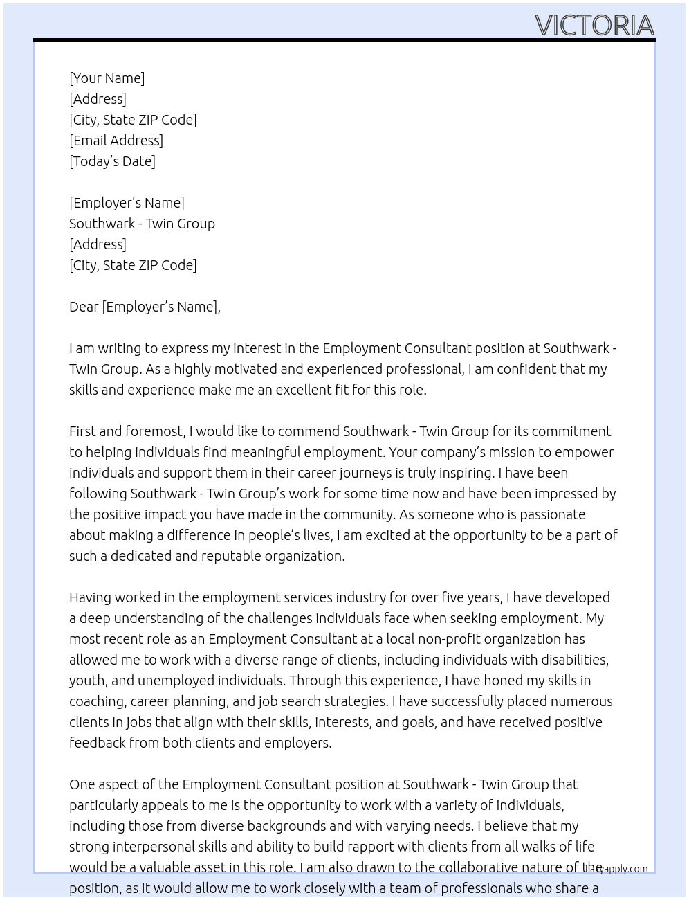 Employment Consultant At Southwark - Twin Group Cover Letter